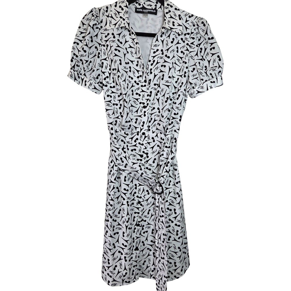 Karl Lagerfeld‎ Paris Shirt Dress Belted Waist Paris Print Size 6